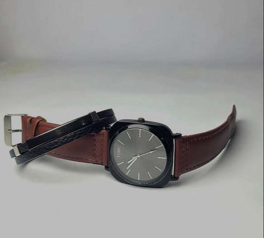 TOMI T-084 Men's Watch Quartz Date Leather Straps