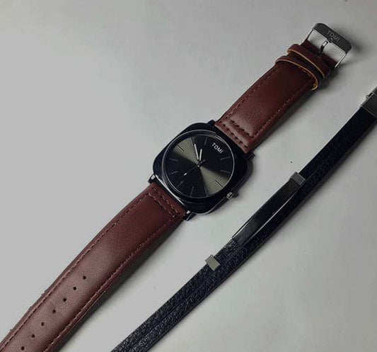 TOMI T-084 Men's Watch Quartz Date Leather Straps